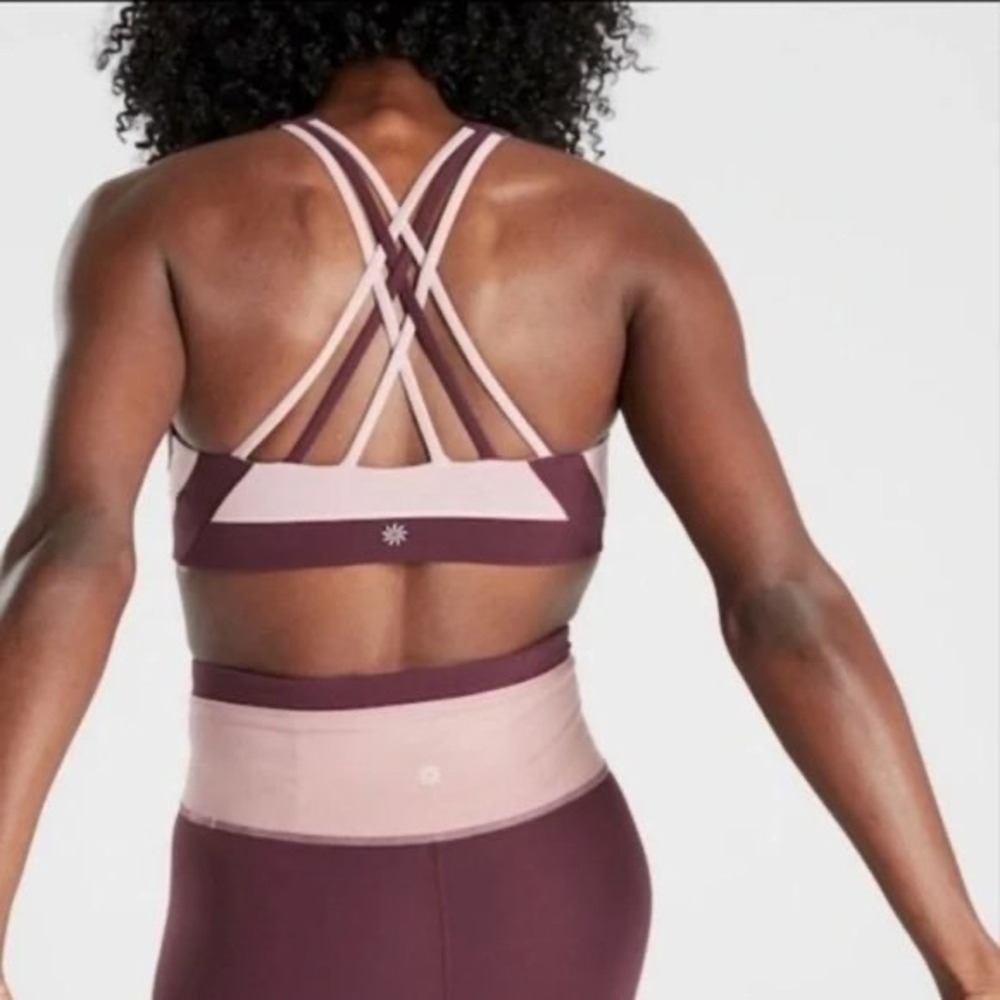 Athleta Hyper Focused Chroma Sports Bra Maroon/Blush Pink XL High Neck Strappy